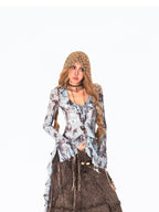 Arielink Light Blue Tie Dye Print Asymmetric Bell Sleeve Women's Mesh Long Sleeve T-shirts