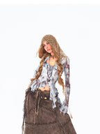 Arielink Light Blue Tie Dye Print Asymmetric Bell Sleeve Women's Mesh Long Sleeve T-shirts