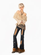 Arielink Light Khaki Distressed One Shoulder Bell Sleeve Women's Long Sleeve T-shirts