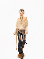 Arielink Light Khaki Distressed One Shoulder Bell Sleeve Women's Long Sleeve T-shirts