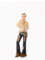 Arielink Light Khaki Distressed One Shoulder Bell Sleeve Women's Long Sleeve T-shirts