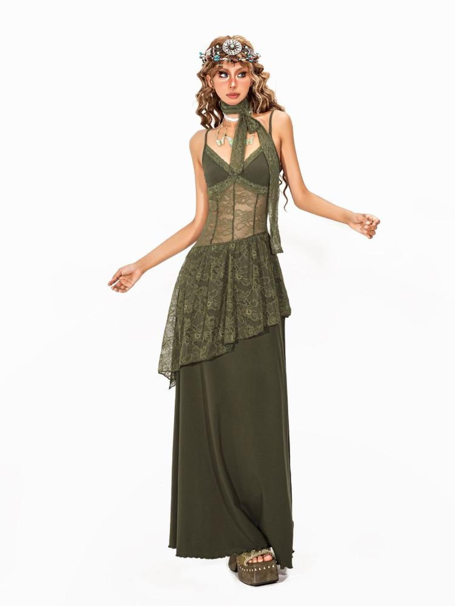 Arielink Nepal Vintage Irregular Lace Splice A Line Halter Women's Slip Maxi Dresses