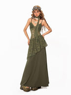 Arielink Nepal Vintage Irregular Lace Splice A Line Halter Women's Slip Maxi Dresses
