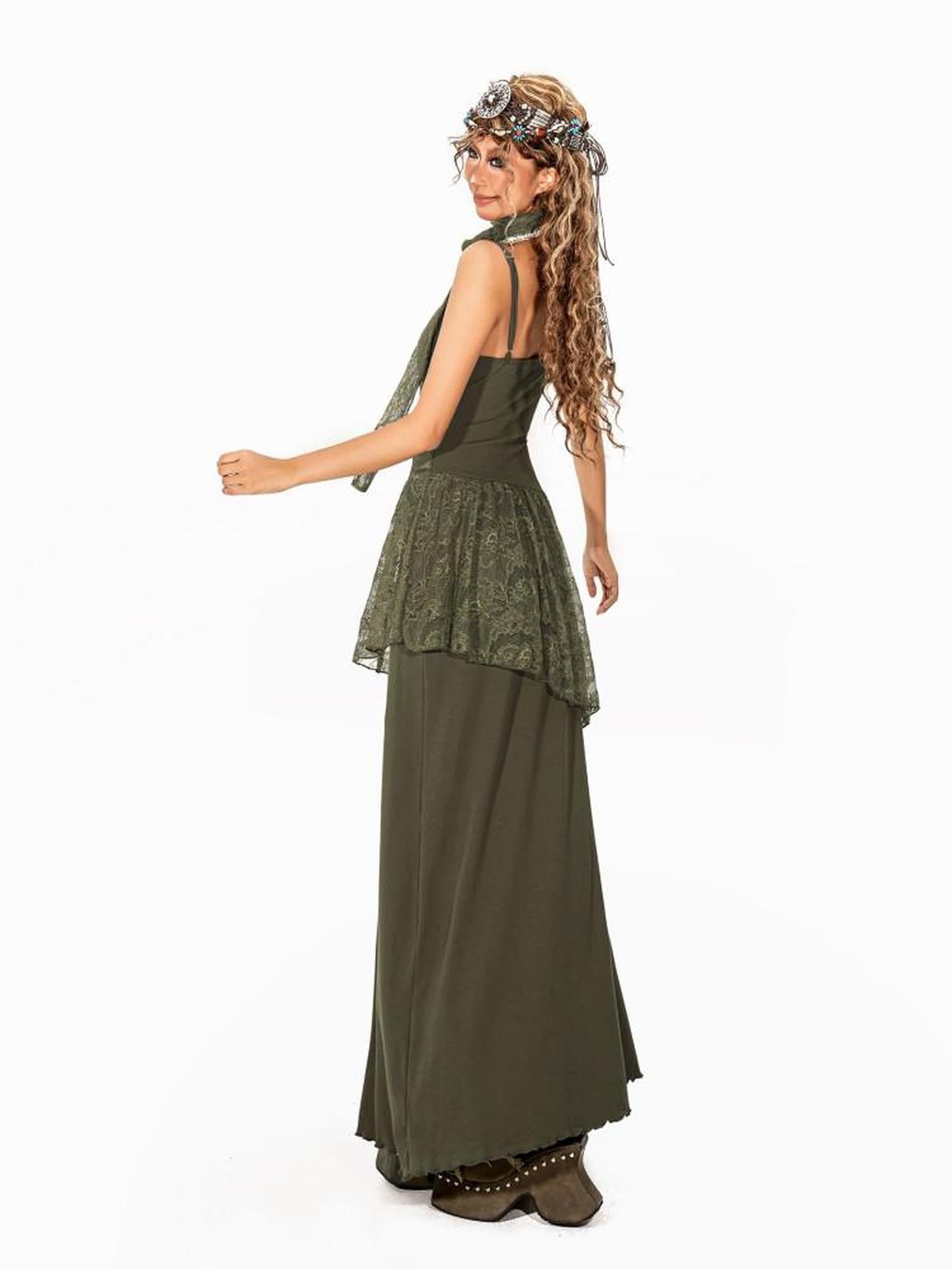 Arielink Nepal Vintage Irregular Lace Splice A Line Halter Women's Slip Maxi Dresses