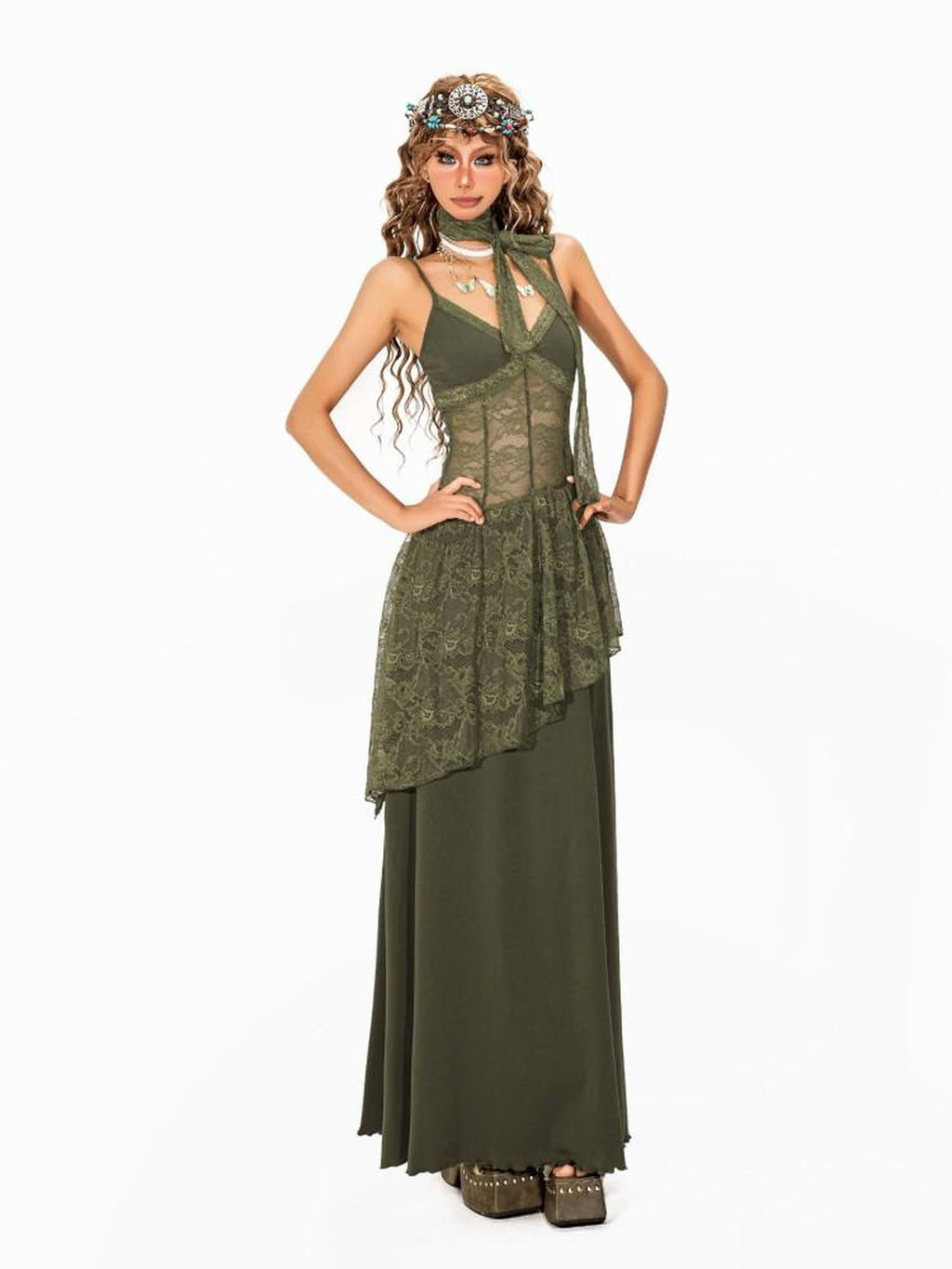 Arielink Nepal Vintage Irregular Lace Splice A Line Halter Women's Slip Maxi Dresses