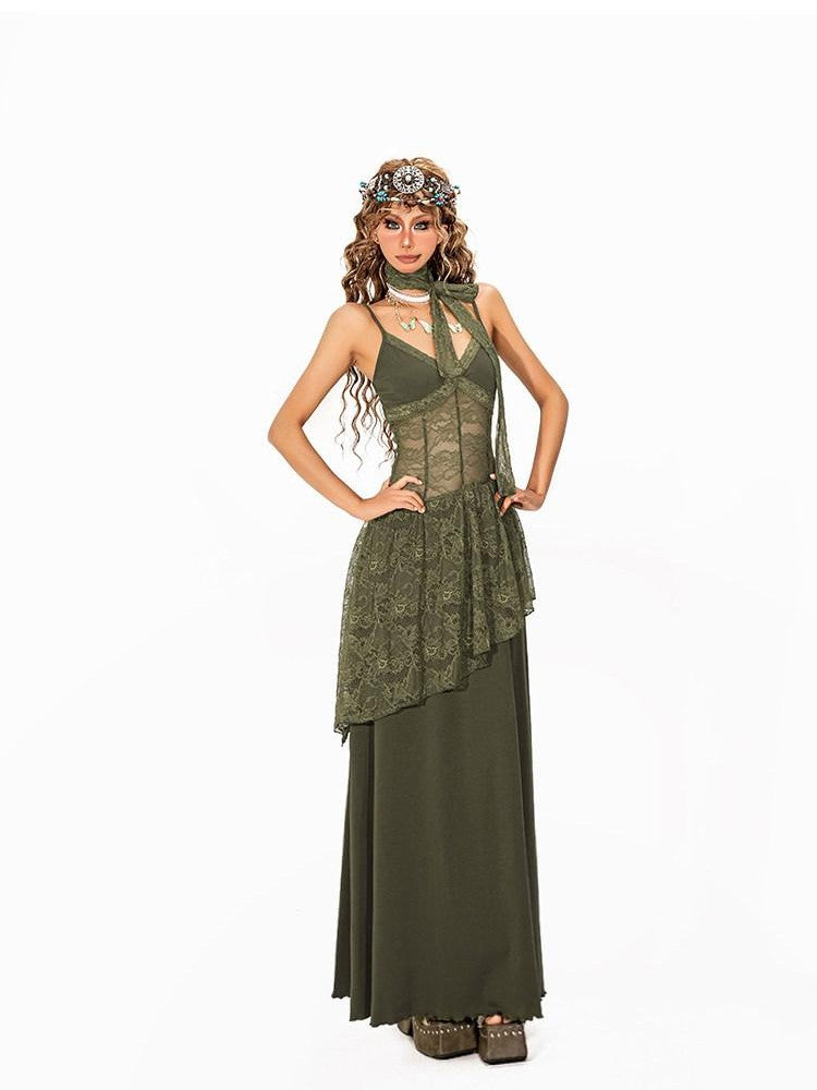 Arielink Nepal Vintage Irregular Lace Splice A Line Halter Women's Slip Maxi Dresses