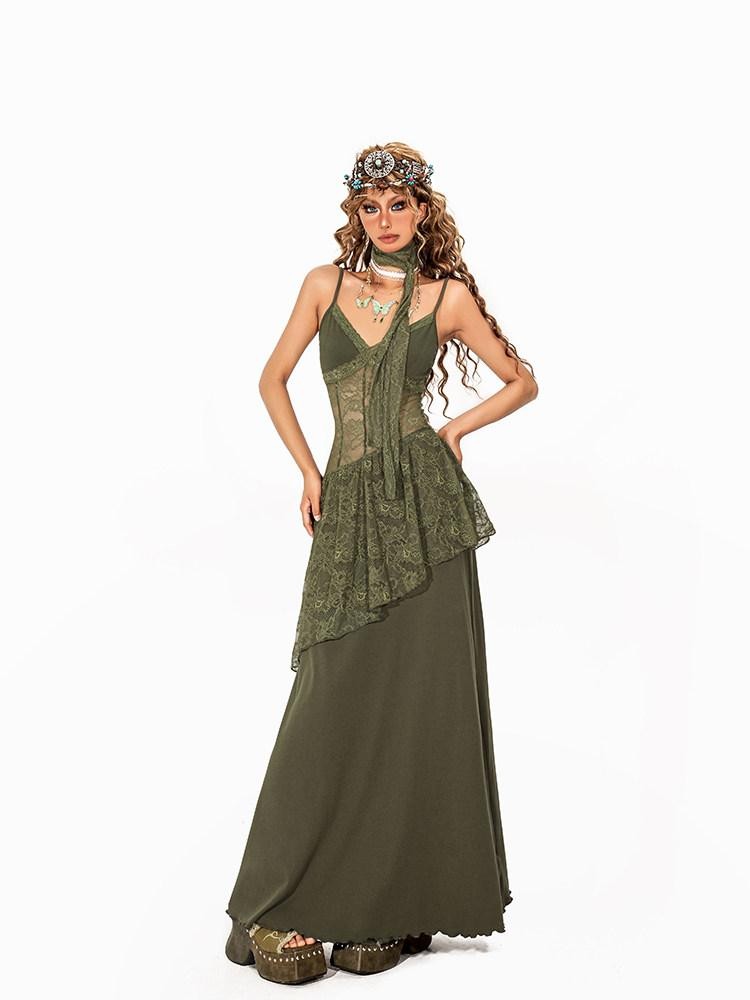 Arielink Nepal Vintage Irregular Lace Splice A Line Halter Women's Slip Maxi Dresses