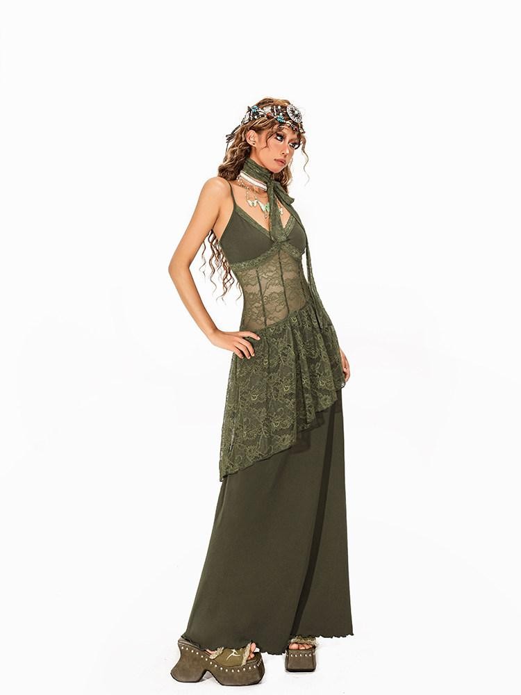Arielink Nepal Vintage Irregular Lace Splice A Line Halter Women's Slip Maxi Dresses