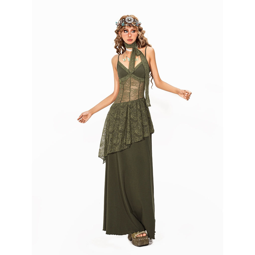 Arielink Nepalese Vintage Lace Splice Irregular A Line Halter Women's Slip Maxi Dresses 924523075575