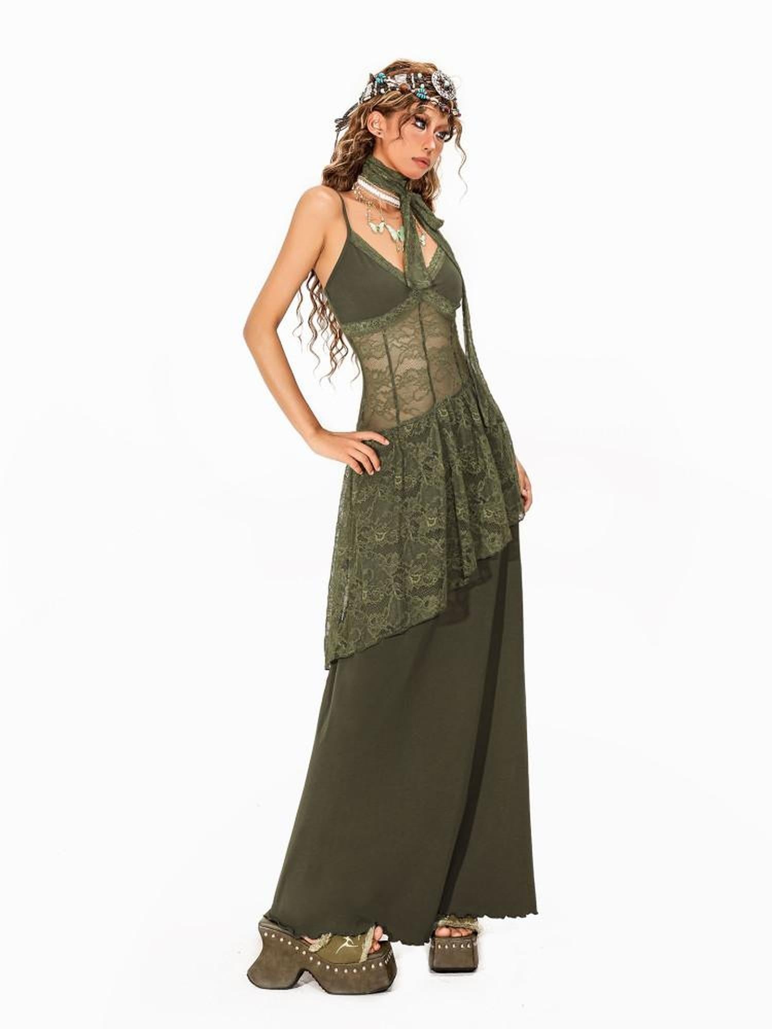 Arielink Nepalese Vintage Lace Splice Irregular A Line Halter Women's Slip Maxi Dresses