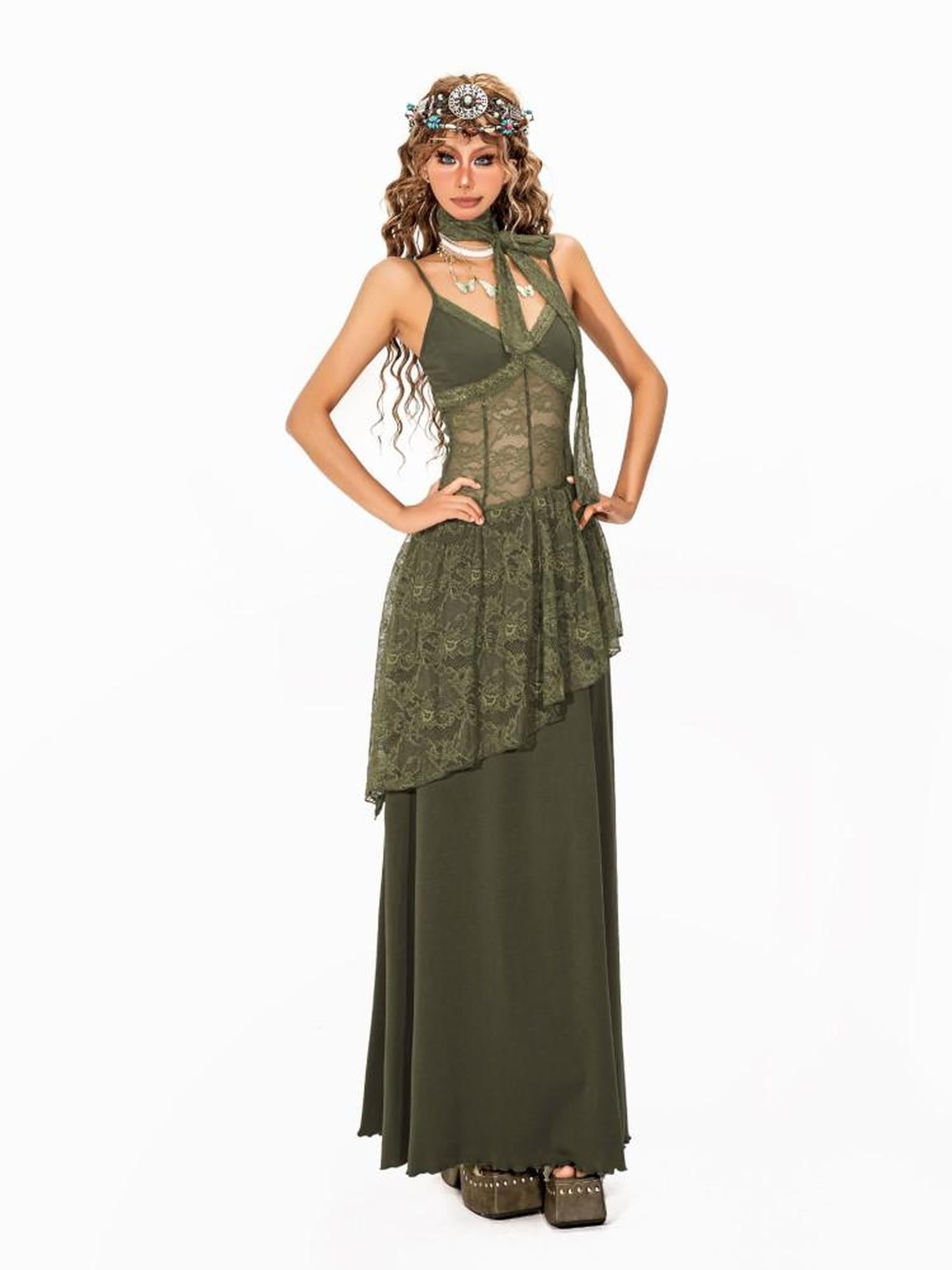 Arielink Nepalese Vintage Lace Splice Irregular A Line Halter Women's Slip Maxi Dresses