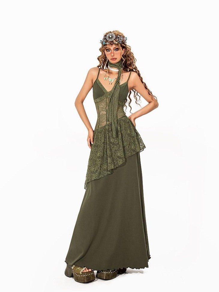 Arielink Nepalese Vintage Lace Splice Irregular A Line Halter Women's Slip Maxi Dresses