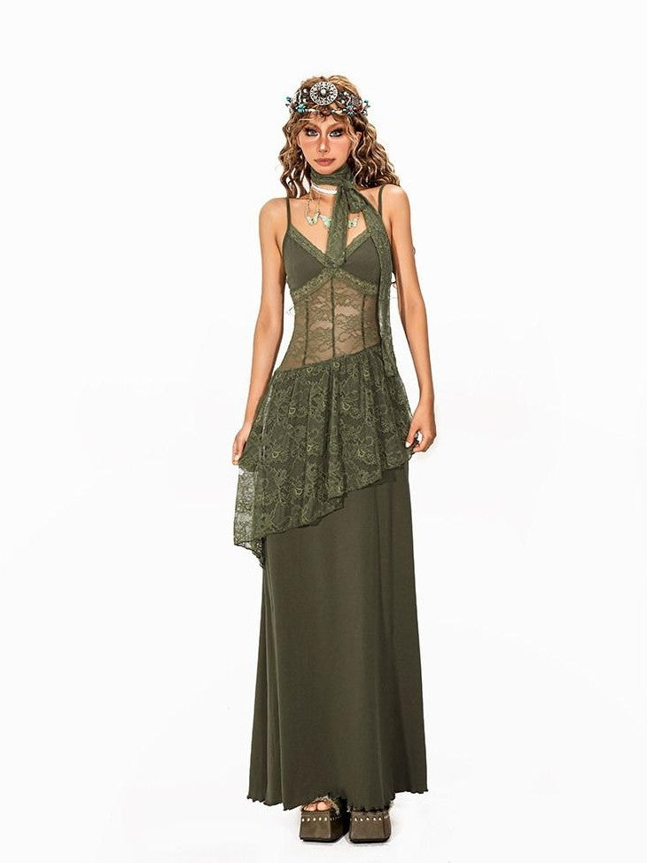 Arielink Nepalese Vintage Lace Splice Irregular A Line Halter Women's Slip Maxi Dresses