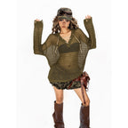 Arielink Openwork Lace Up V-neck Slouchy Women's Knit Oversized Long Sleeve T-shirts 969198337833