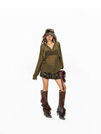 Arielink Openwork Lace Up V-neck Slouchy Women's Knit Oversized Long Sleeve T-shirts