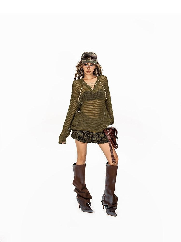 Arielink Openwork Lace Up V-neck Slouchy Women's Knit Oversized Long Sleeve T-shirts