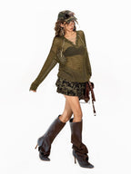Arielink Openwork Lace Up V-neck Slouchy Women's Knit Oversized Long Sleeve T-shirts