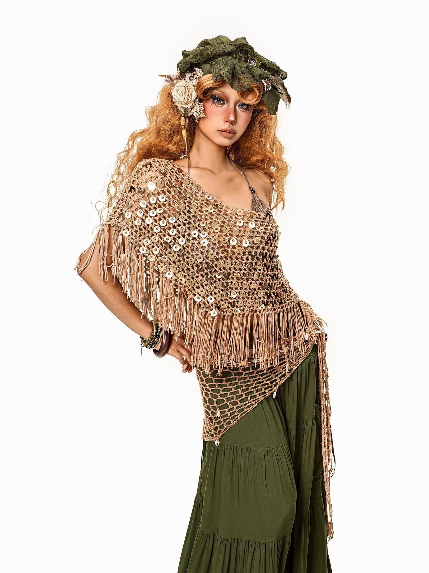 Arielink Openwork Mesh Cutout Tassel Halter Tie Knit Women's Camisoles