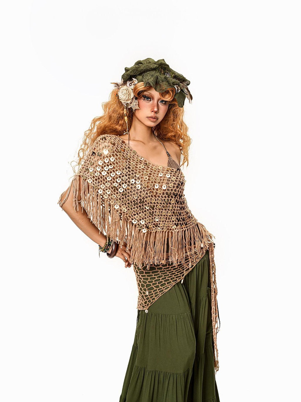 Arielink Openwork Mesh Cutout Tassel Halter Tie Knit Women's Camisoles