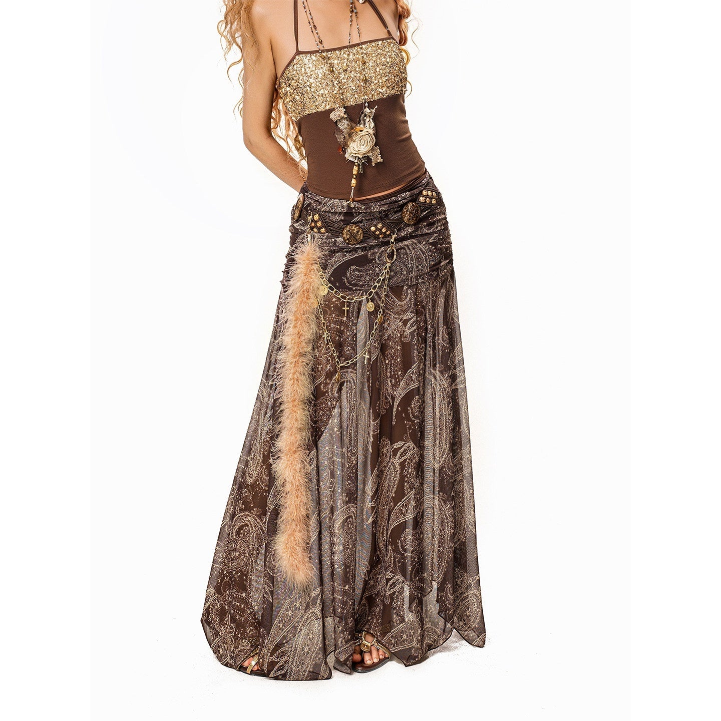 Arielink Paisley Print Mesh A Line Women's Lined Elastic Waist Maxi Skirts 1025367278406