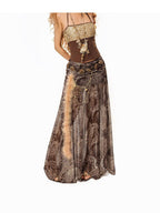 Arielink Paisley Print Mesh A Line Women's Lined Elastic Waist Maxi Skirts