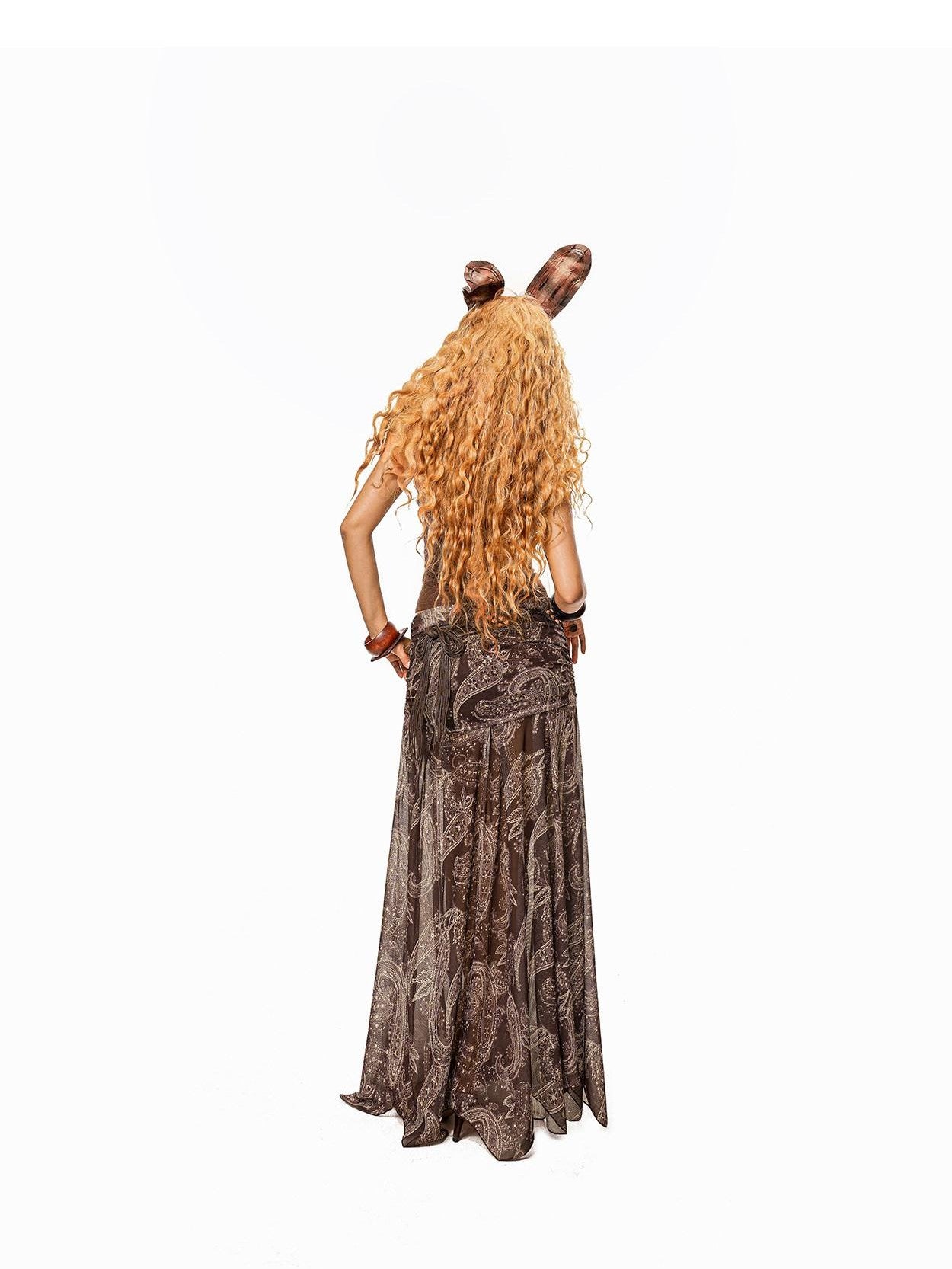Arielink Paisley Print Mesh A Line Women's Lined Elastic Waist Maxi Skirts