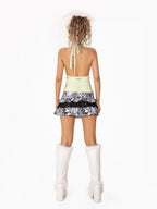 Arielink Pale Green Ruched Backless Printed Cropped Halter Women's Mesh Tank Tops