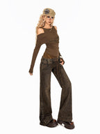 Arielink Patchwork One Shoulder Women's Faux Two Piece Long Sleeve T-shirts