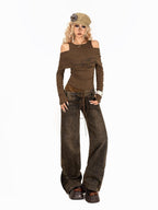 Arielink Patchwork One Shoulder Women's Faux Two Piece Long Sleeve T-shirts
