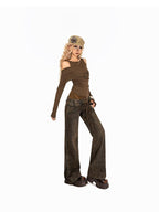 Arielink Patchwork One Shoulder Women's Faux Two Piece Long Sleeve T-shirts