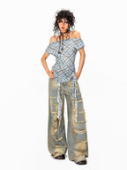 Arielink Plaid Asymmetric Off Shoulder Women's Mesh Short Sleeve T-shirts