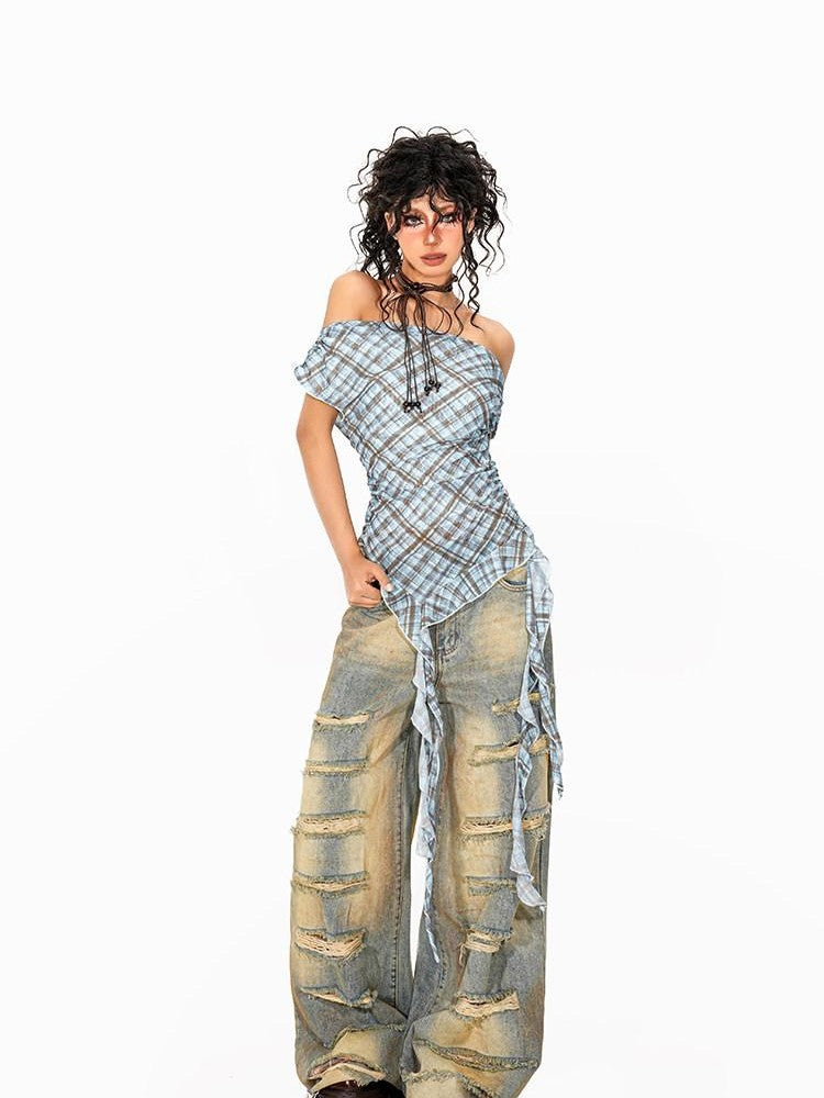 Arielink Plaid Asymmetric Off Shoulder Women's Mesh Short Sleeve T-shirts