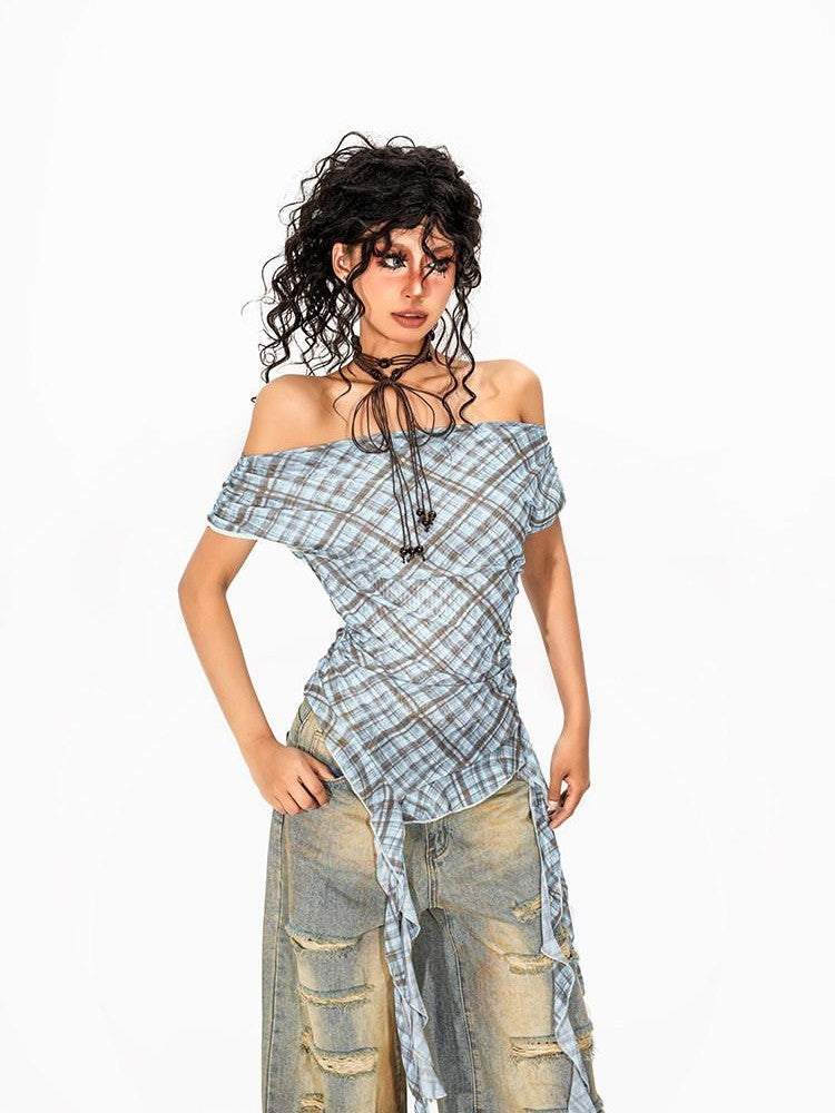 Arielink Plaid Asymmetric Off Shoulder Women's Mesh Short Sleeve T-shirts
