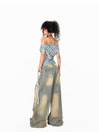 Arielink Plaid Asymmetric Off Shoulder Women's Mesh Short Sleeve T-shirts