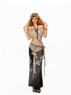 Arielink Plaid Asymmetric Off Shoulder Women's Mesh Short Sleeve T-shirts