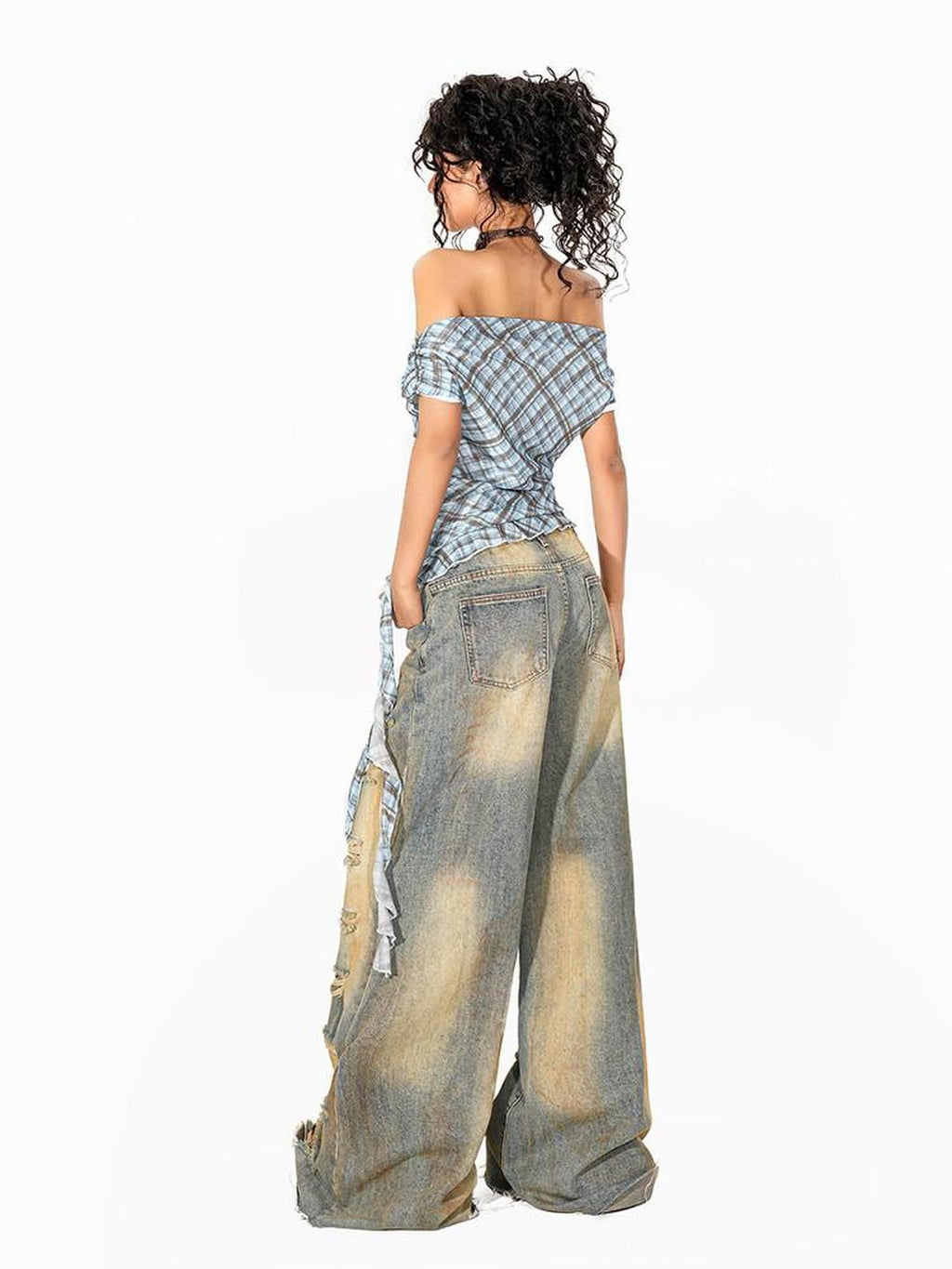 Arielink Plaid Asymmetric Off Shoulder Women's Mesh Short Sleeve T-shirts