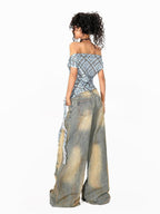 Arielink Plaid Asymmetric Off Shoulder Women's Mesh Short Sleeve T-shirts