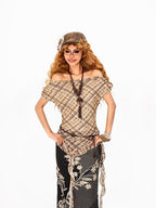 Arielink Plaid Asymmetric Off Shoulder Women's Mesh Short Sleeve T-shirts