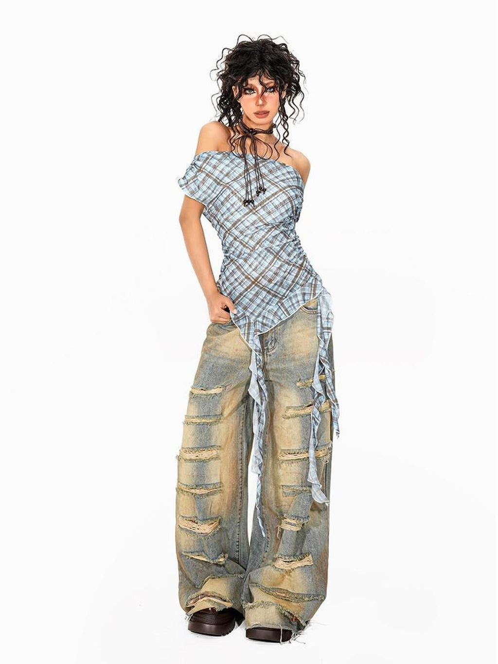 Arielink Plaid Asymmetric Off Shoulder Women's Mesh Short Sleeve T-shirts