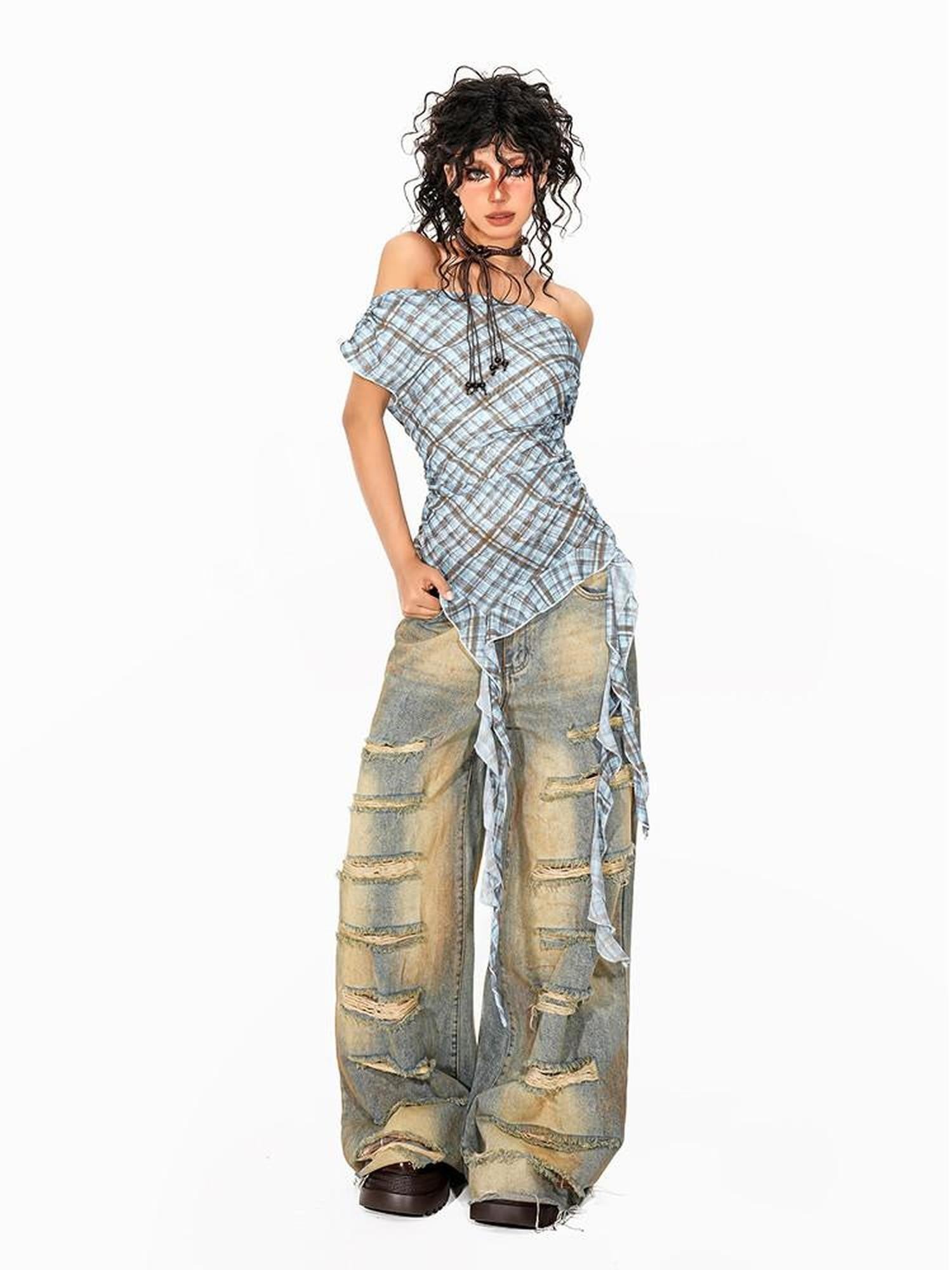 Arielink Plaid Asymmetric Off Shoulder Women's Mesh Short Sleeve T-shirts