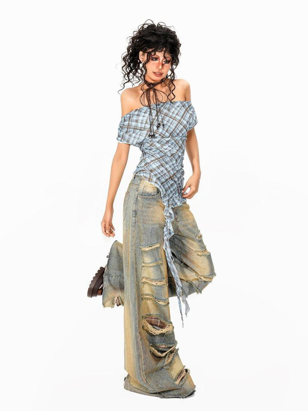 Arielink Plaid Asymmetric Off Shoulder Women's Mesh Short Sleeve T-shirts