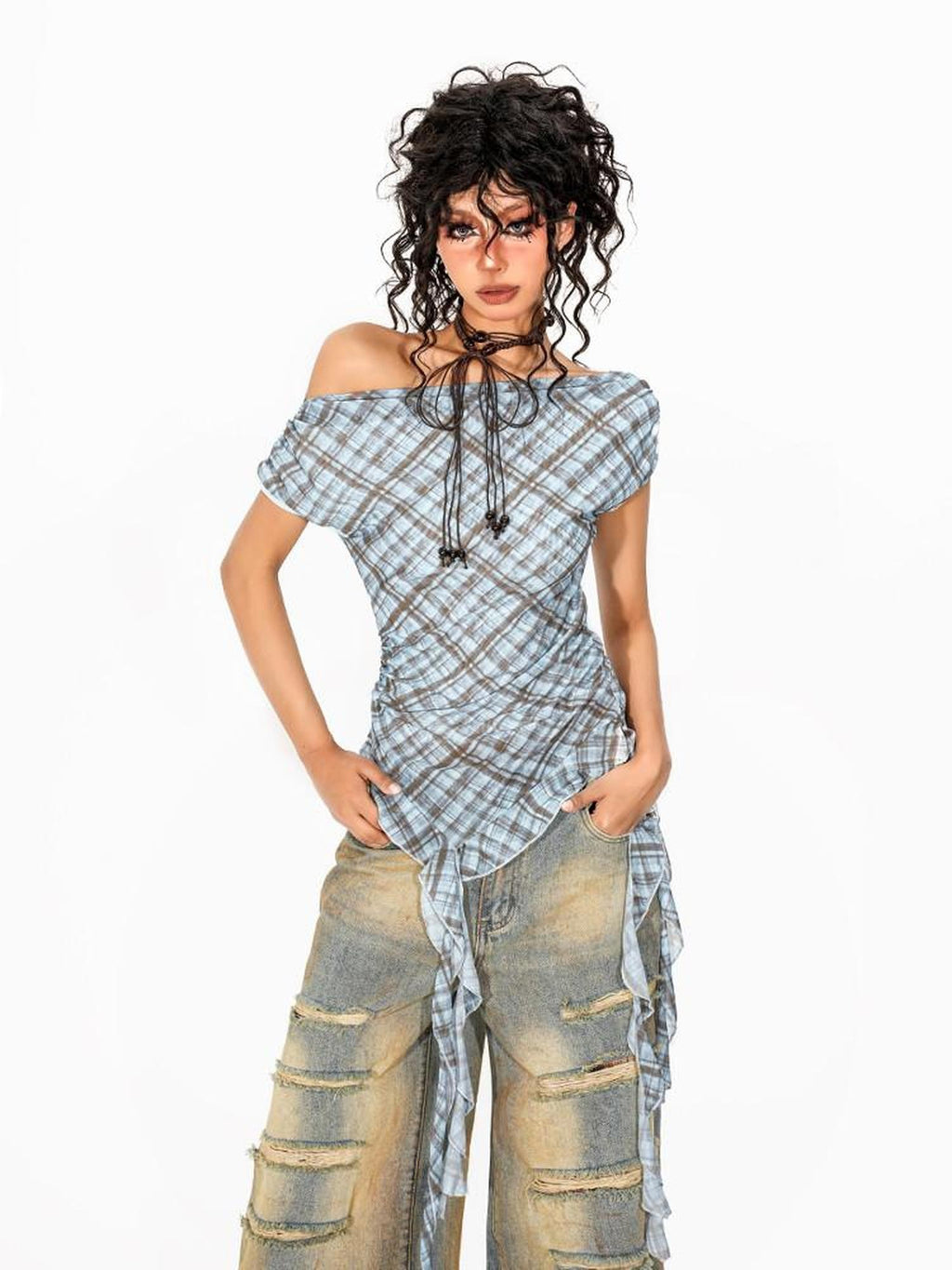 Arielink Plaid Asymmetric Off Shoulder Women's Mesh Short Sleeve T-shirts