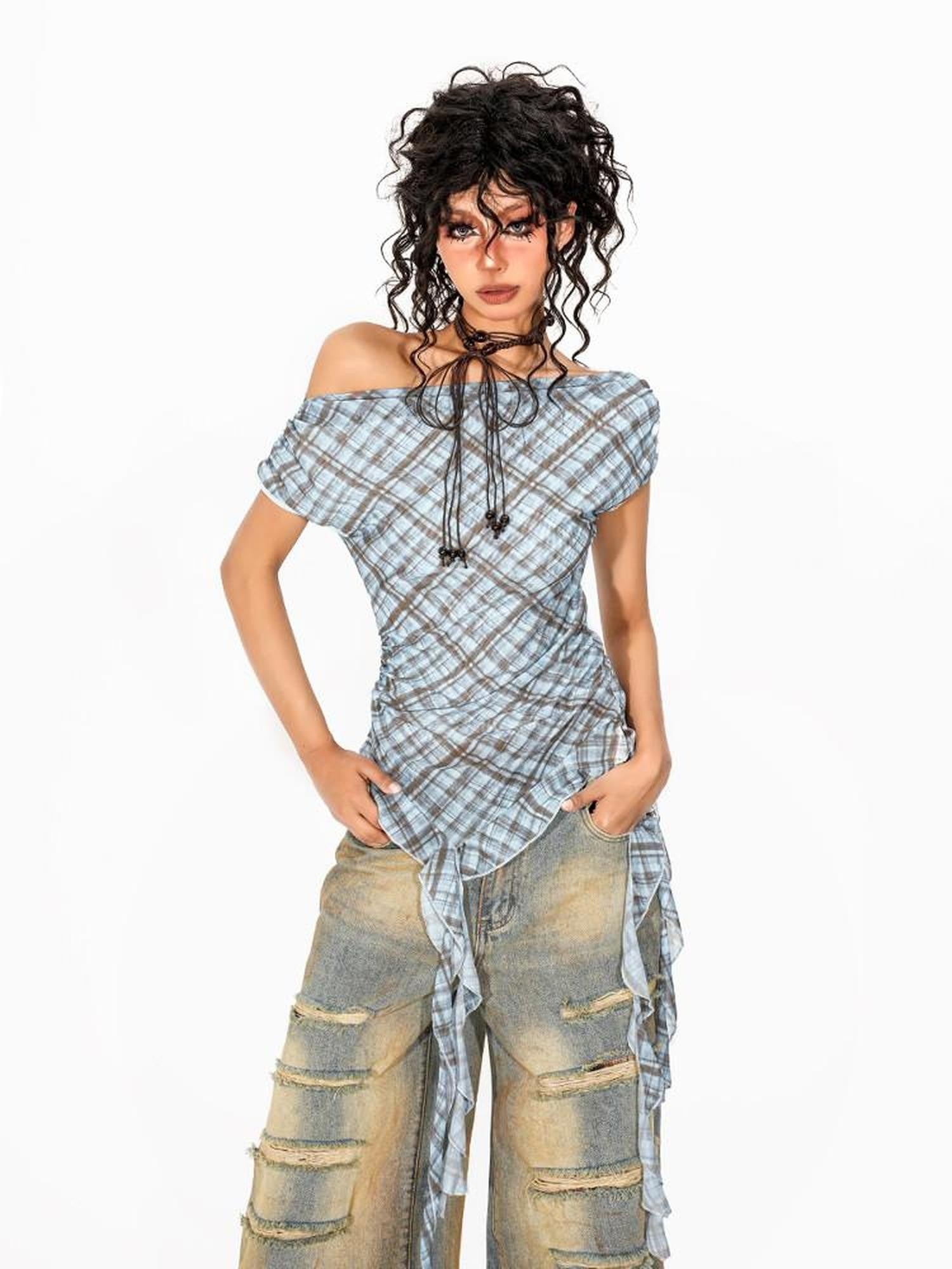 Arielink Plaid Asymmetric Off Shoulder Women's Mesh Short Sleeve T-shirts