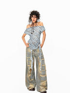 Arielink Plaid Asymmetric Off Shoulder Women's Mesh Short Sleeve T-shirts