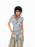 Arielink Plaid Asymmetric Off Shoulder Women's Mesh Short Sleeve T-shirts