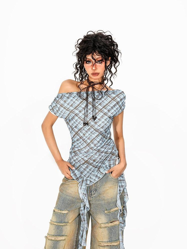 Arielink Plaid Asymmetric Off Shoulder Women's Mesh Short Sleeve T-shirts