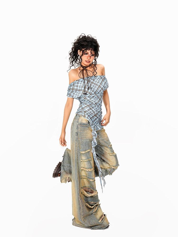 Arielink Plaid Asymmetric Off Shoulder Women's Mesh Short Sleeve T-shirts