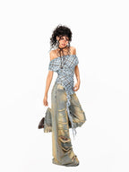 Arielink Plaid Asymmetric Off Shoulder Women's Mesh Short Sleeve T-shirts