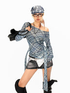 Arielink Plaid Asymmetric One Shoulder Backless Ribbon Women's Mesh Long Sleeve T-shirts