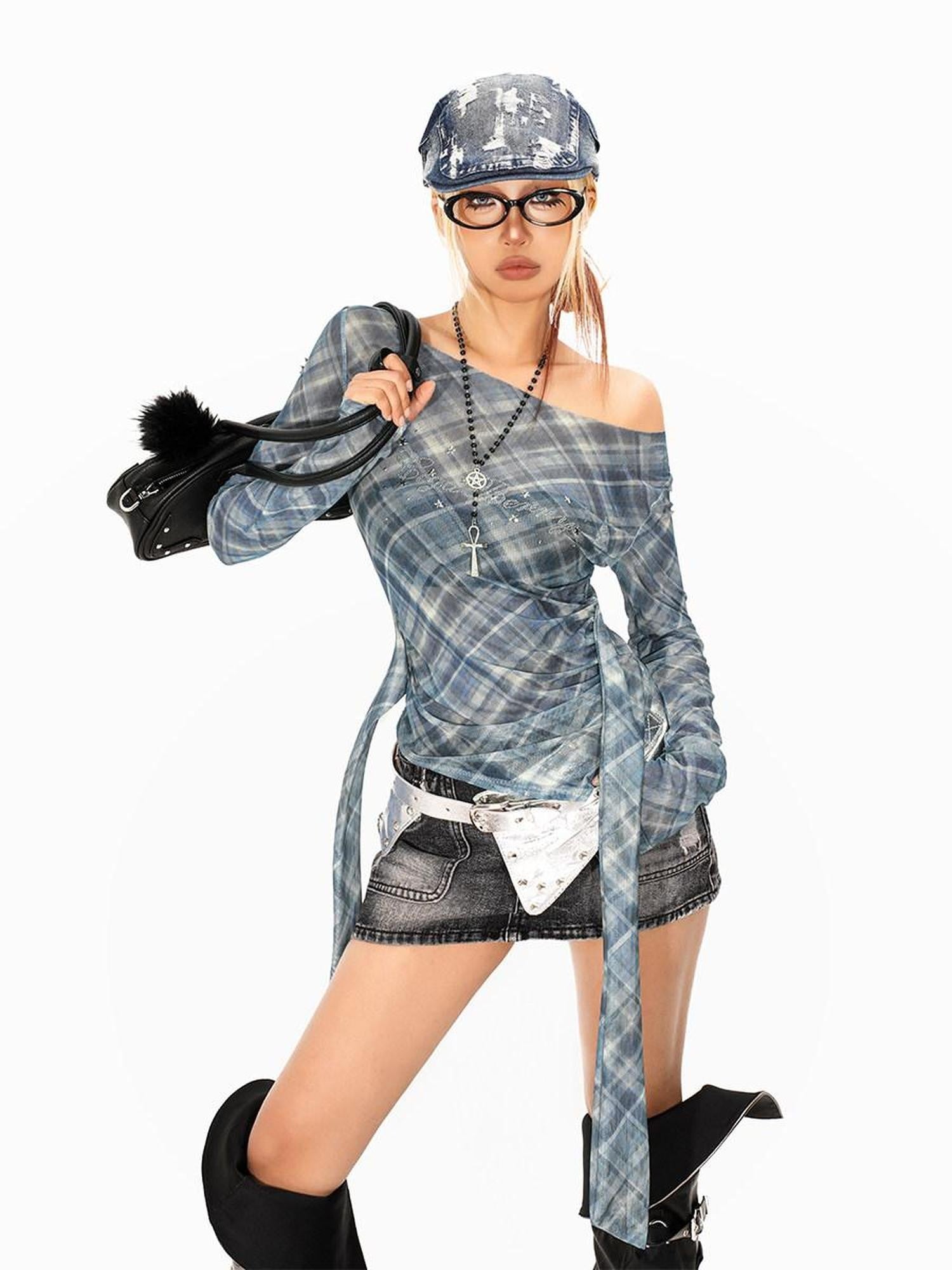 Arielink Plaid Asymmetric One Shoulder Backless Ribbon Women's Mesh Long Sleeve T-shirts